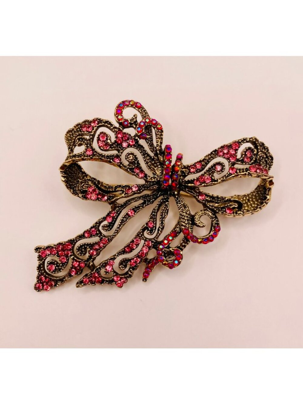 Gold-Tone Bow Brooch Pin Red & Pink Rhinestones Filigree Design -95B